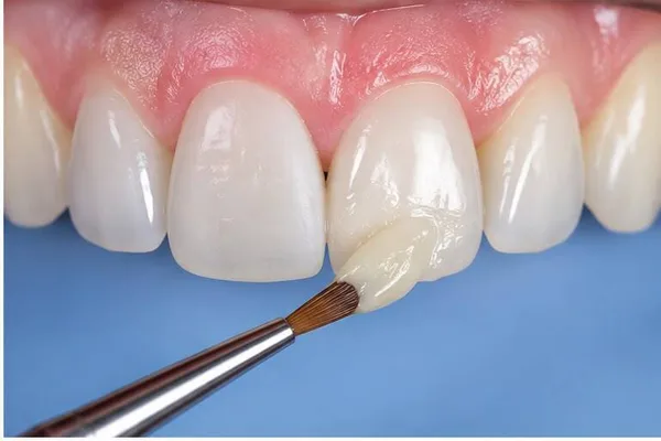 Cementado de carilla dental con pincel