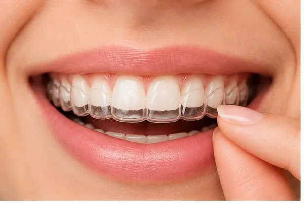 Alineador invisible transparente sobre los dientes