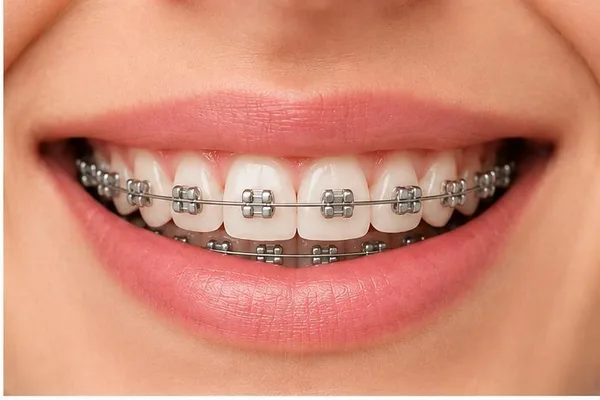 Brackets metálicos reales sobre los dientes